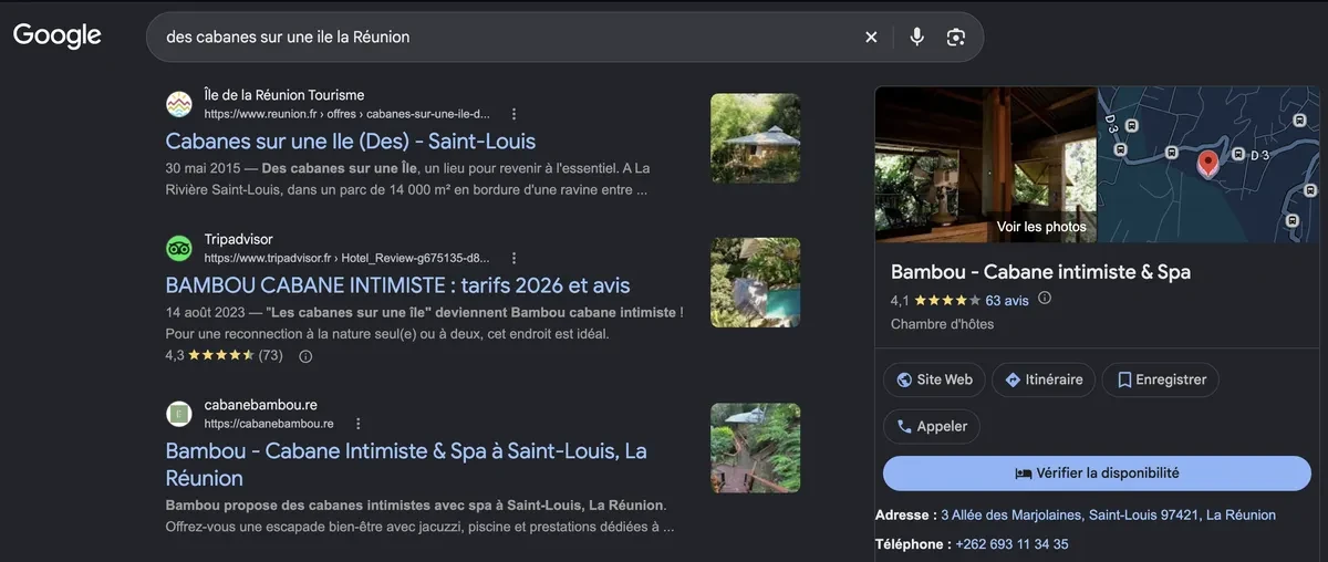 Résultats Google pour une recherche sur l'ancien nom Des cabanes sur une île : fiche Google Bambou avec 63 avis, site cabanebambou.re et fiche de l'office de tourisme