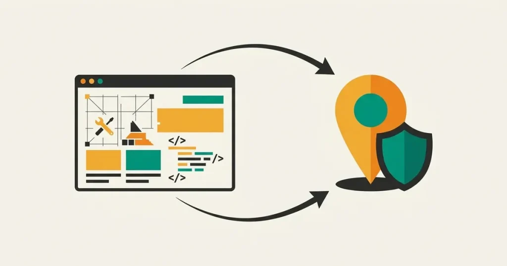 Un site web en reconstruction relié à un repère de localisation protégé par un bouclier, symbole d'un référencement préservé