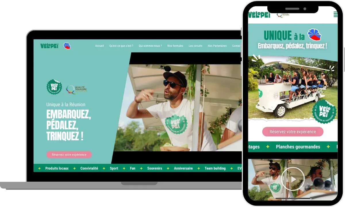 Page d'accueil du site Vélopéï affichée sur ordinateur portable et sur mobile